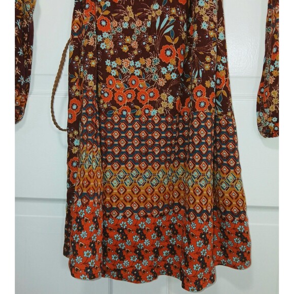 Forever 21 Southwestern XS Boho Floral Paisley Print Mini Dress Tassel Tie Brown - Picture 11 of 13